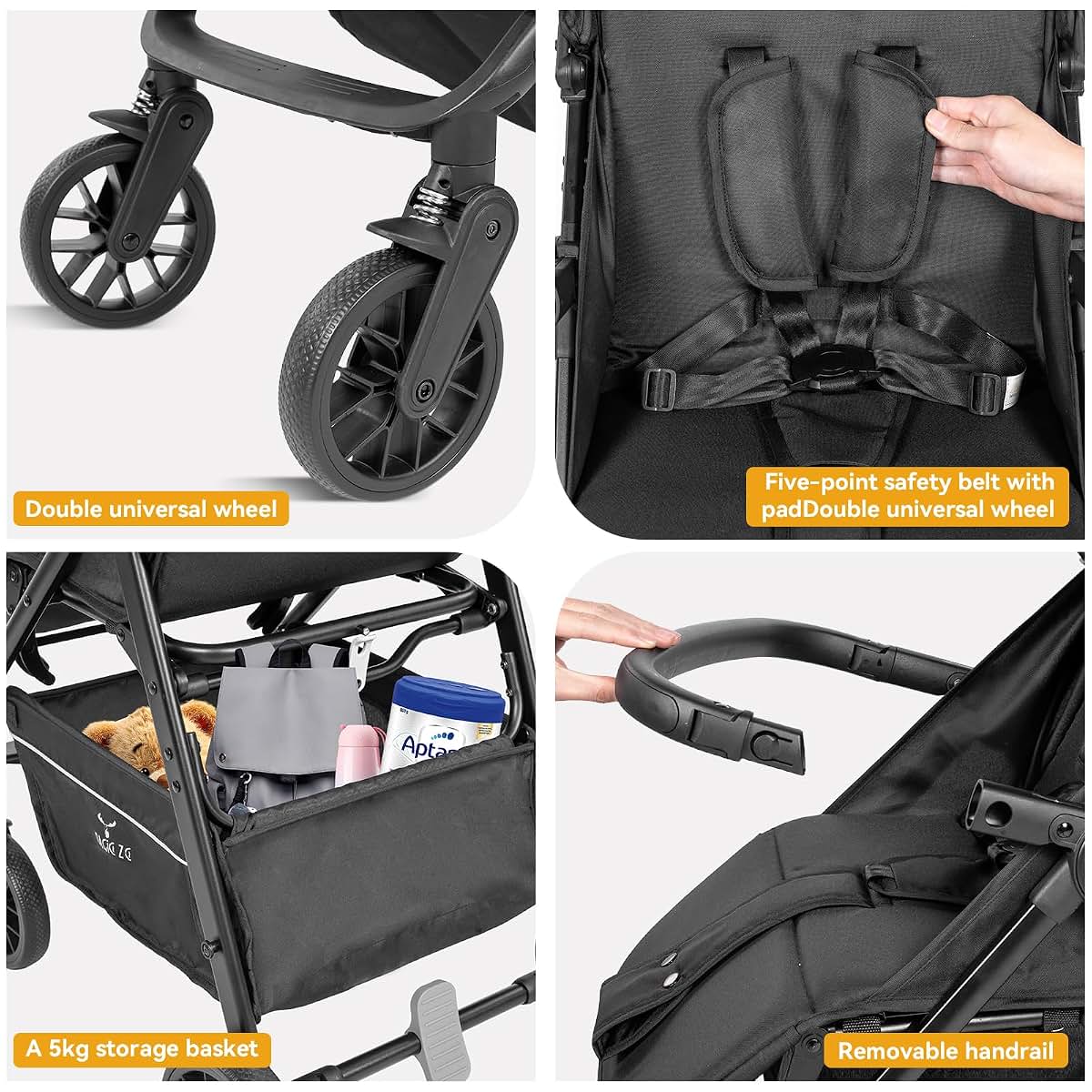 BabyOneStop Lightweight Foldable Stroller with Five-Point Harness and Storage Basket