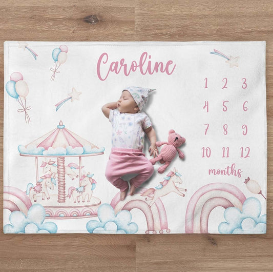 UnoCo Carousel Baby Blanket, Custom Unicorn Girl Name Blanket, Personalized Rainbow Baby Month Blanket, Newborn Gift