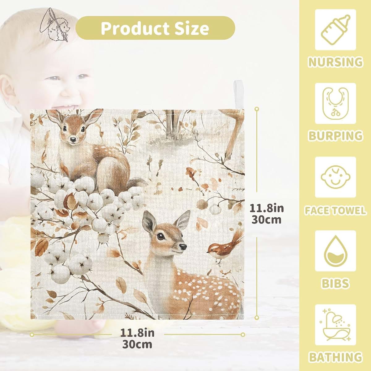 YETTASBIN Watercolor Deer Muslin Baby Washcloths, 3 Pack