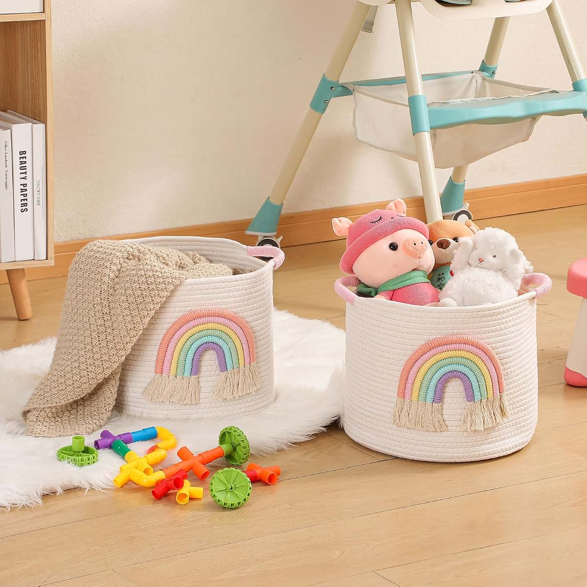 INough Woven Cotton Rope Toy Storage Basket With Rainbow Decor (photo 2)
