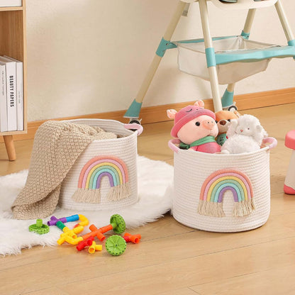 INough Woven Cotton Rope Toy Storage Basket With Rainbow Decor (photo 2)
