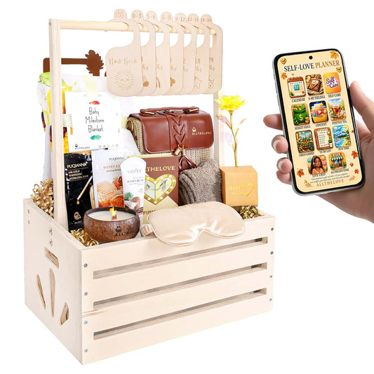 ALLTHELOVE New Mom Gift Basket, Wooden Keepsake Crate with Milestone Blanket, Rattan Crossbody, Lavender Candle &