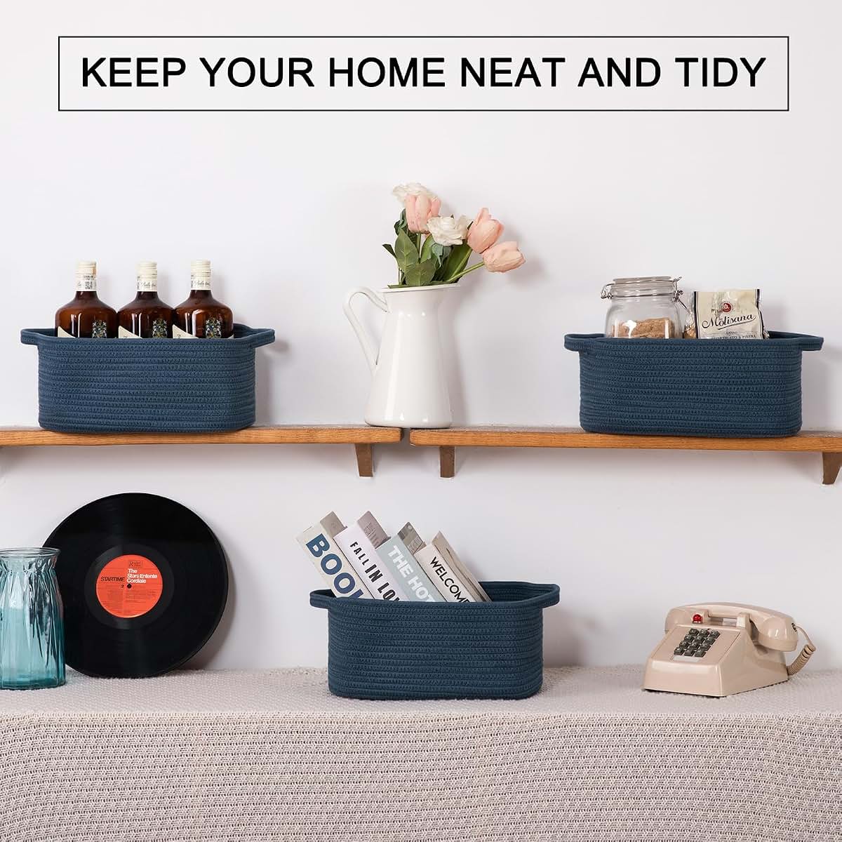 OIAHOMY 3 Pack Blue Cotton Rope Storage Baskets With Handles