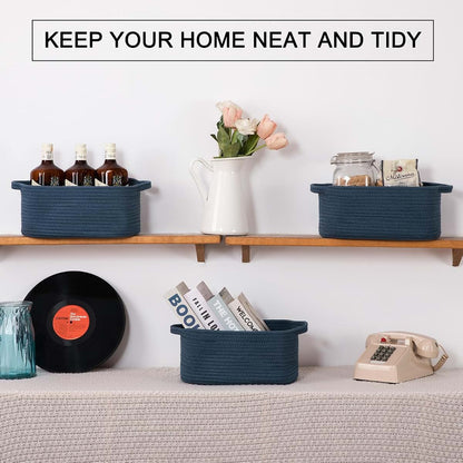 OIAHOMY 3 Pack Blue Cotton Rope Storage Baskets With Handles