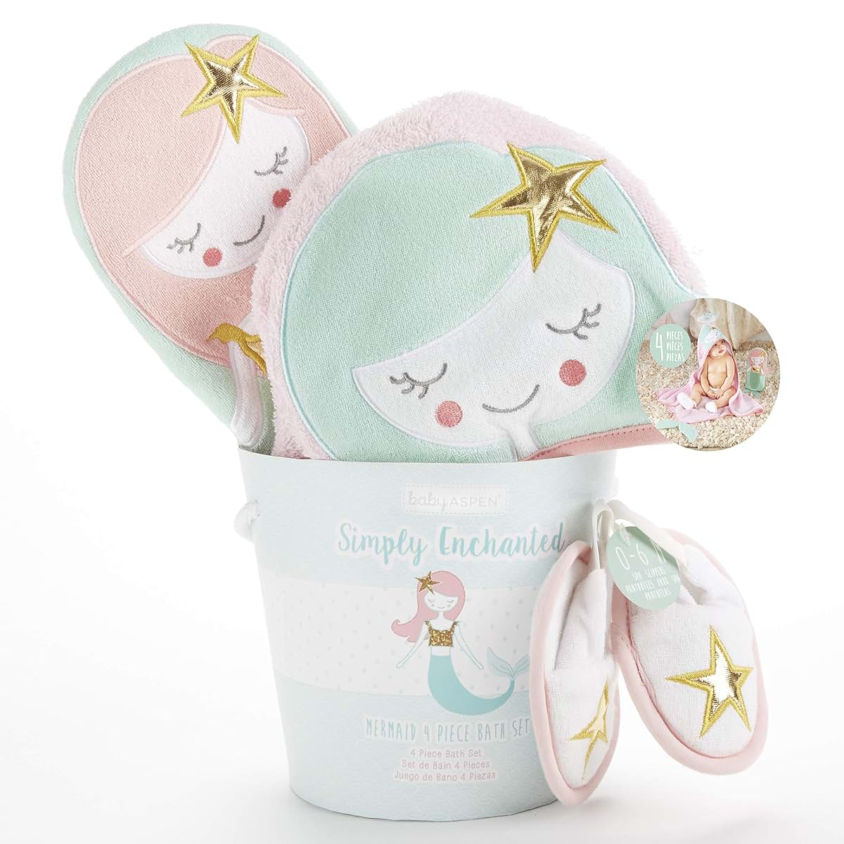 Baby Aspen Simply Enchanted Mermaid 4 Piece Bathtime Gift Set, Pink/Mint/Gold/White, 0-6 Months