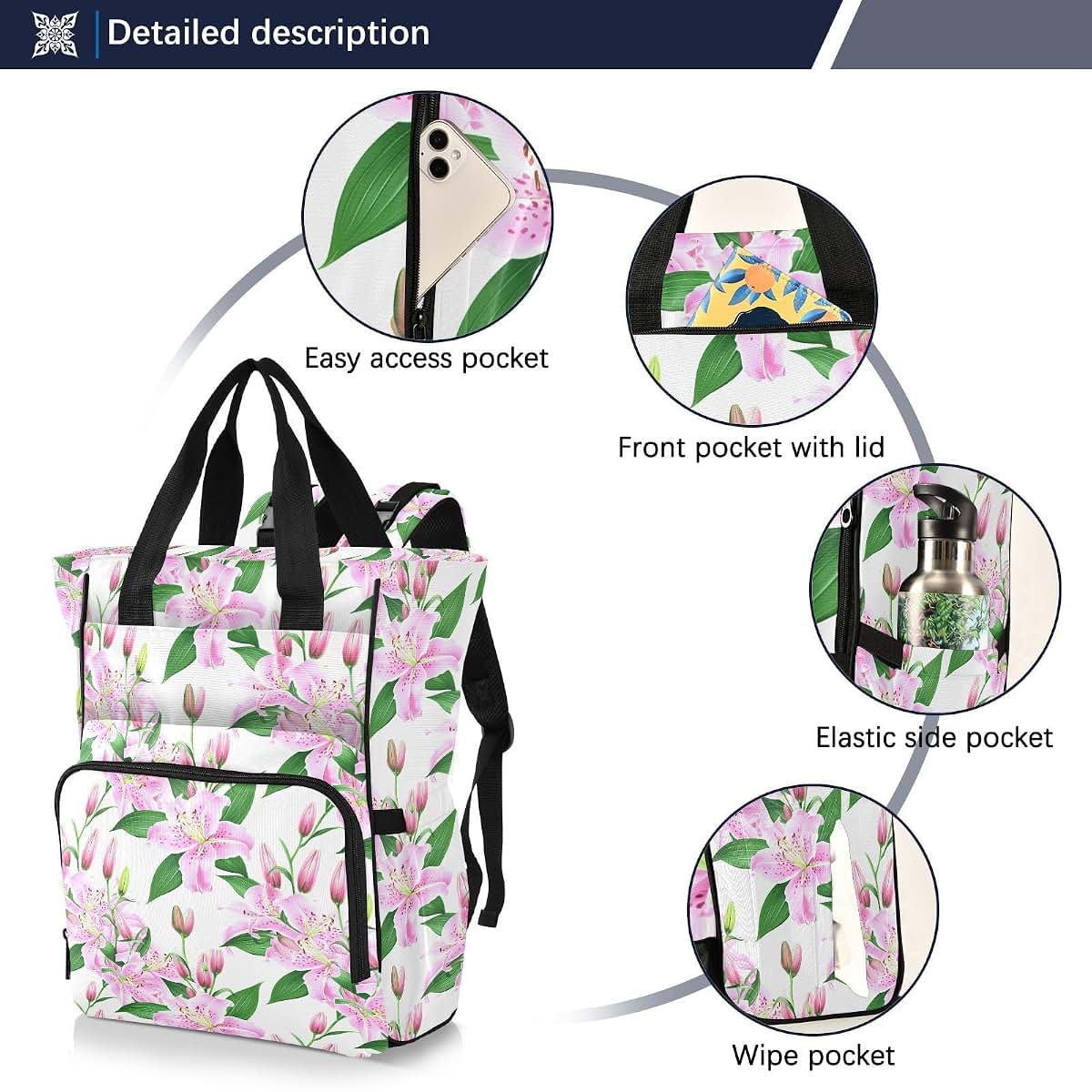 Kagirah Diaper Bag Backpack with Insulated Pockets and Stroller Straps, Blush Lily