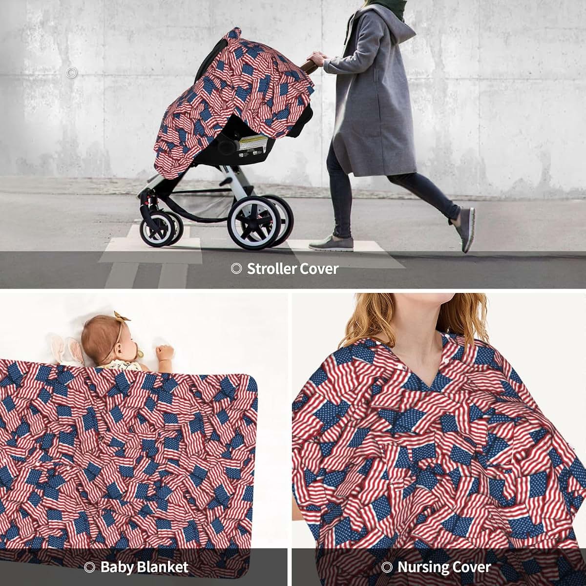 YonaJeik Patriotic American Flag USA Lover Baby Car Seat Canopy Cover Multi Use Shower Gift, Nursing Cover for Mom (photo 3)