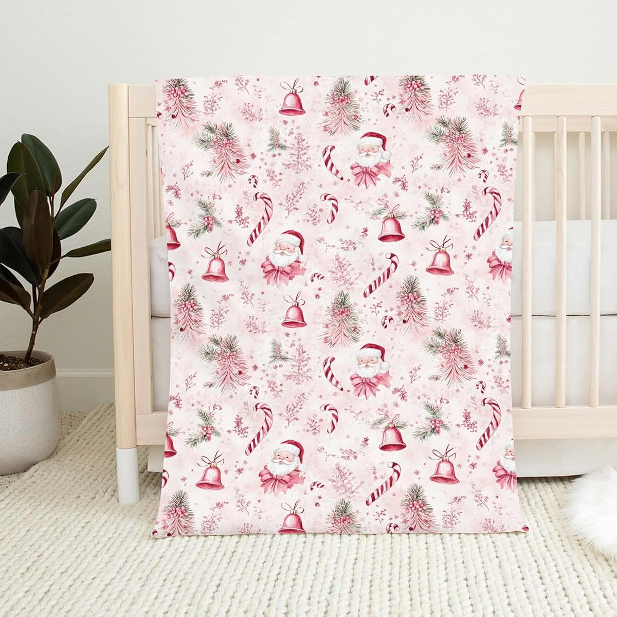 Wicbfdfv Pink Christmas Santa Pine Trees Baby Blanket (photo 2)