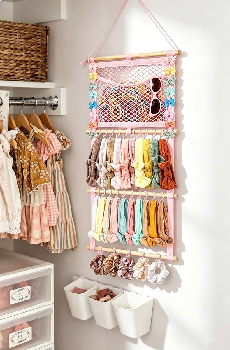 Kangaroo Headband Holder Hair Bows Organizer for Baby Girls, 15"L x 30"H Wall Hanging, Pink