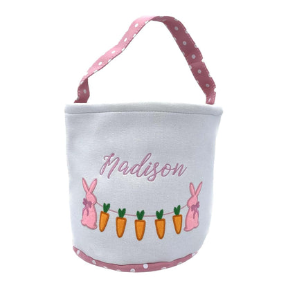 Sew What Fun Easter basket for kids: Embroidered Personalized Name Girls boys basket with handle bunny carrot linen