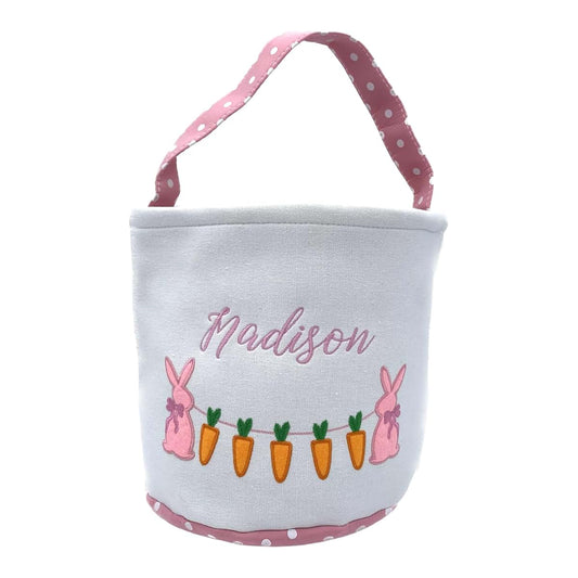 Sew What Fun Easter basket for kids: Embroidered Personalized Name Girls boys basket with handle bunny carrot linen