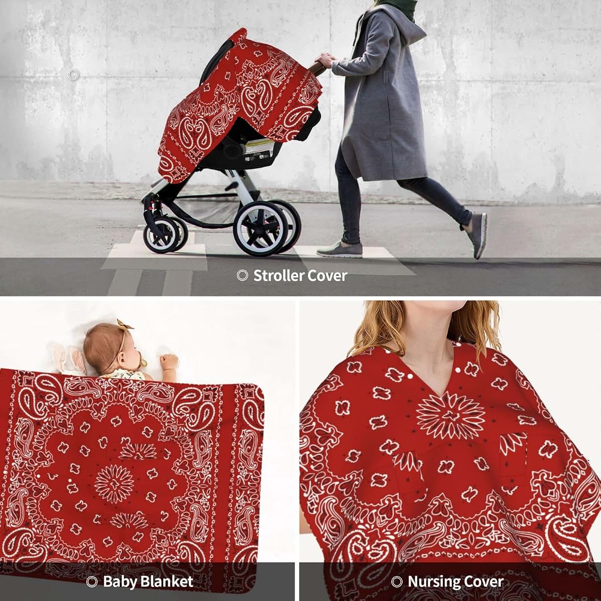 YonaJeik Red Bandana Pattern Baby Car Seat Canopy Cover Multi Use Shower Gift, Nursing Cover for Mom Nursing Covers (photo 3)
