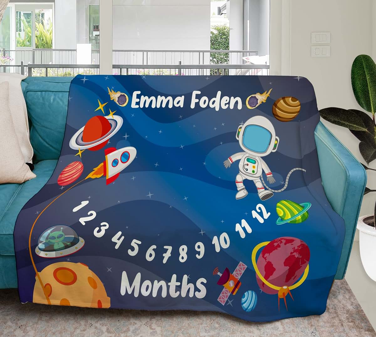 TEEAMORE Custom Baby Monthly Milestone Throw Blanket Space Elements Design (60X80) (photo 3)