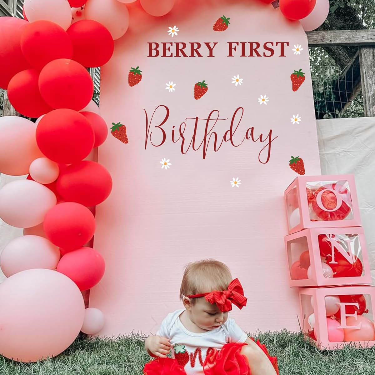 Strawberry First Birthday Backdrop Wall Sticker | Pink Party Decor