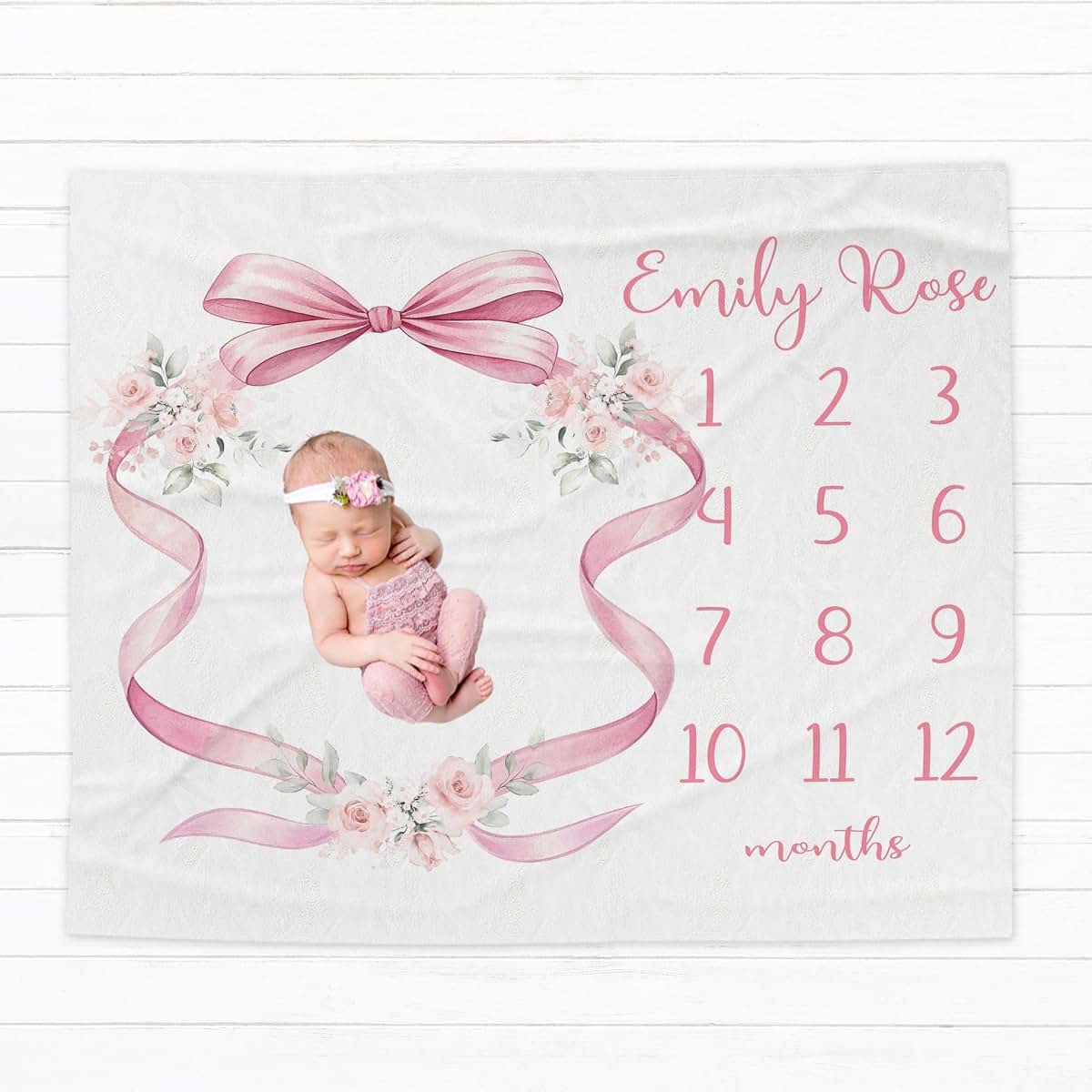 L&NG Personalized Pink Bow Floral Milestone Blanket for Baby