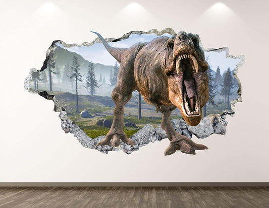 West Mountain Wild Dinosaur Wall Decal Art Decor 3D Smashed T-Rex Sticker Poster Kids Room Mural Custom Gift BL380