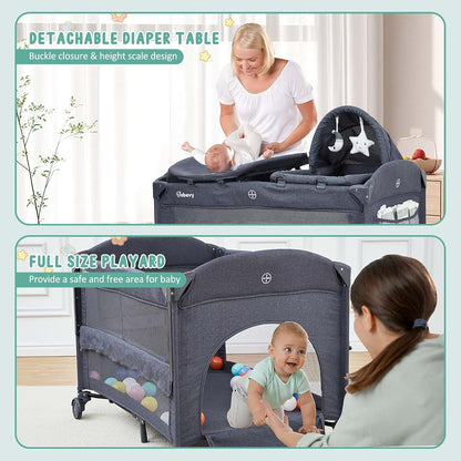 PeacefulHues 5 in 1 Pack and Play Bedside Sleeper with Bassinet, Diaper Changer & Hanging Toy, Portable Crib Nursery (photo 4)