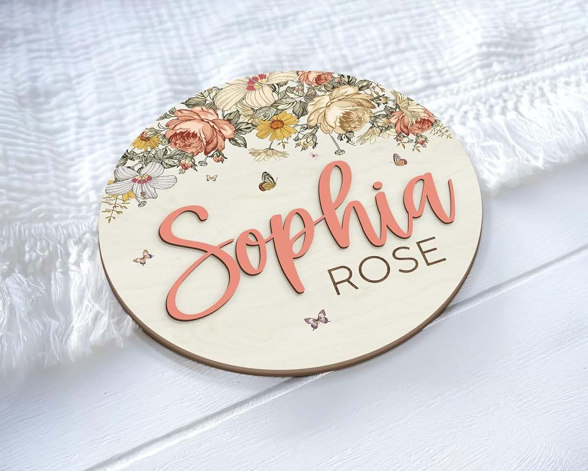 MEMOLEBIA Floral Baby Name Sign – Personalized Wooden Birth Announcement Plaque, Newborn Photo Prop, Baby Name Reveal