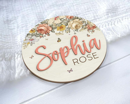 MEMOLEBIA Floral Baby Name Sign – Personalized Wooden Birth Announcement Plaque, Newborn Photo Prop, Baby Name Reveal