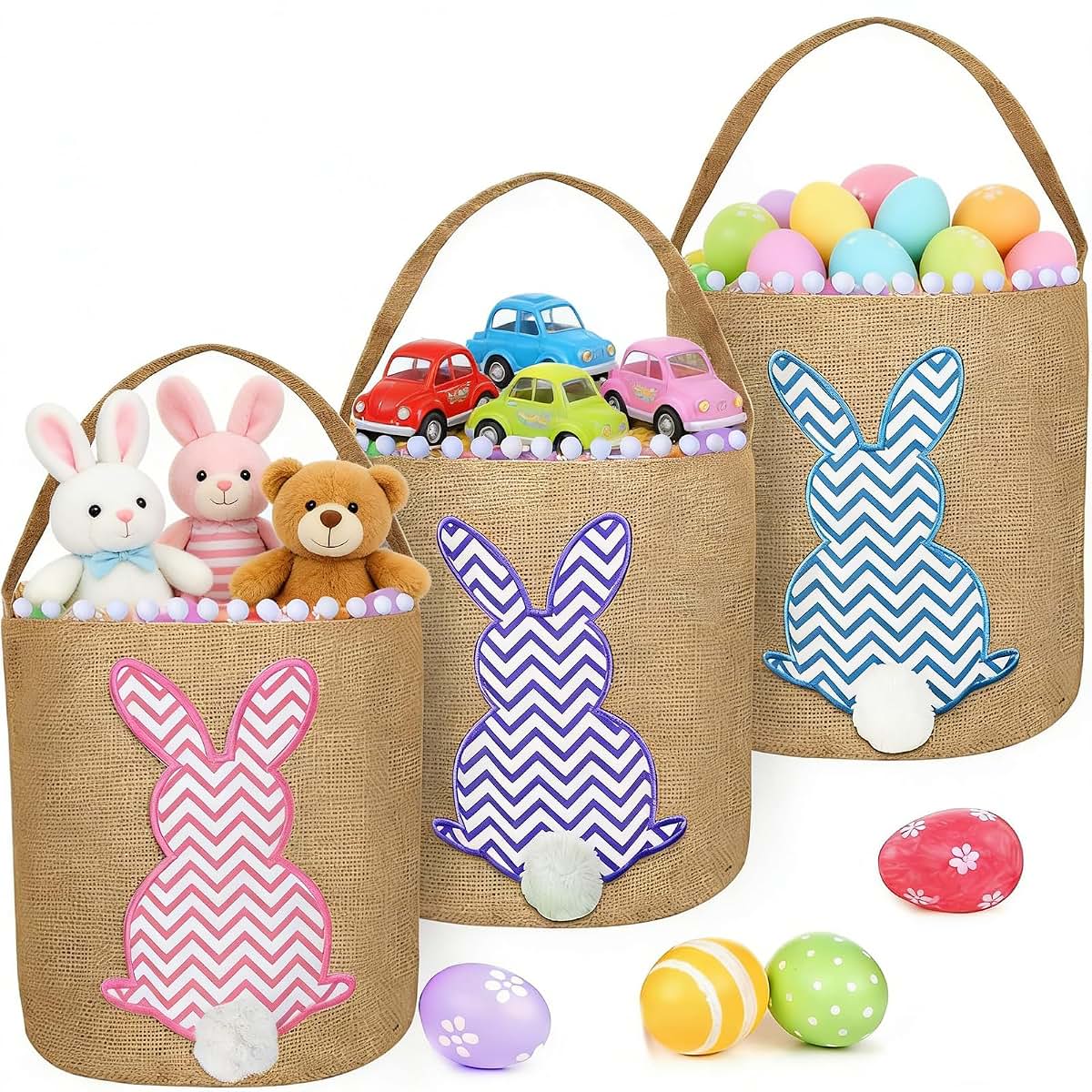 Turnmeon 3 PCS Easter Bunny Basket Set Linen Polyester Kids Tote Bags