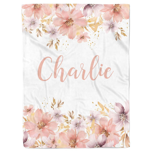 Lovable Gift Co Floral Personalized Baby Girl Blanket, Custom Name Gift, (Peachy Pink Gold, 30 x 40 Baby), BB-01