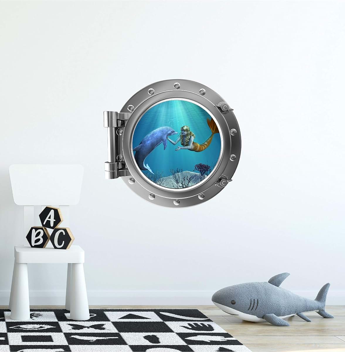 Stickit Graphix 12" Porthole 3D Window Wall Sticker Mermaid Dolphin Silver Sea Ocean Kids Room Decor Removable Vinyl