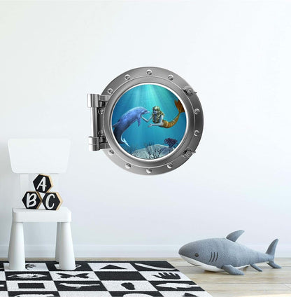 Stickit Graphix 12" Porthole 3D Window Wall Sticker Mermaid Dolphin Silver Sea Ocean Kids Room Decor Removable Vinyl