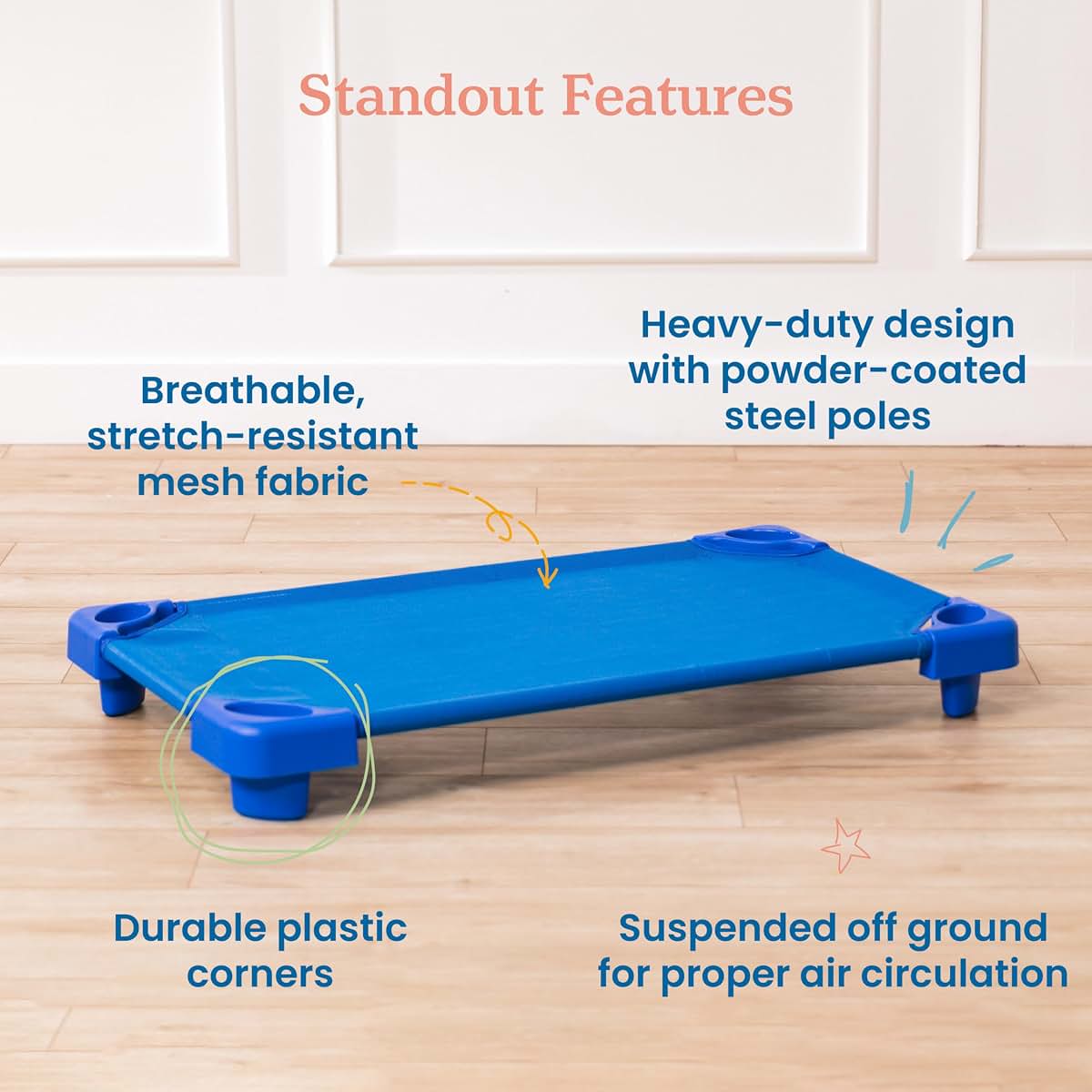 ECR4Kids Stackable Kiddie Cot, Ready-To-Assemble, Toddler Size, Classroom Furniture, Blue, 6-Pack (photo 4)
