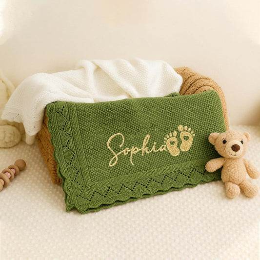 Noni Luxury Personalized Baby Blanket, Soft Breathable Cotton Knit, Custom Embroidered Name Blanket, Newborn Baby Gift