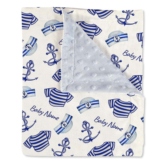 Gifts Everywhere Personalized Baby Name Blanket - Personalized Navy Hat and Clothes Anchor Navy Baby Blanket - 30 X 40