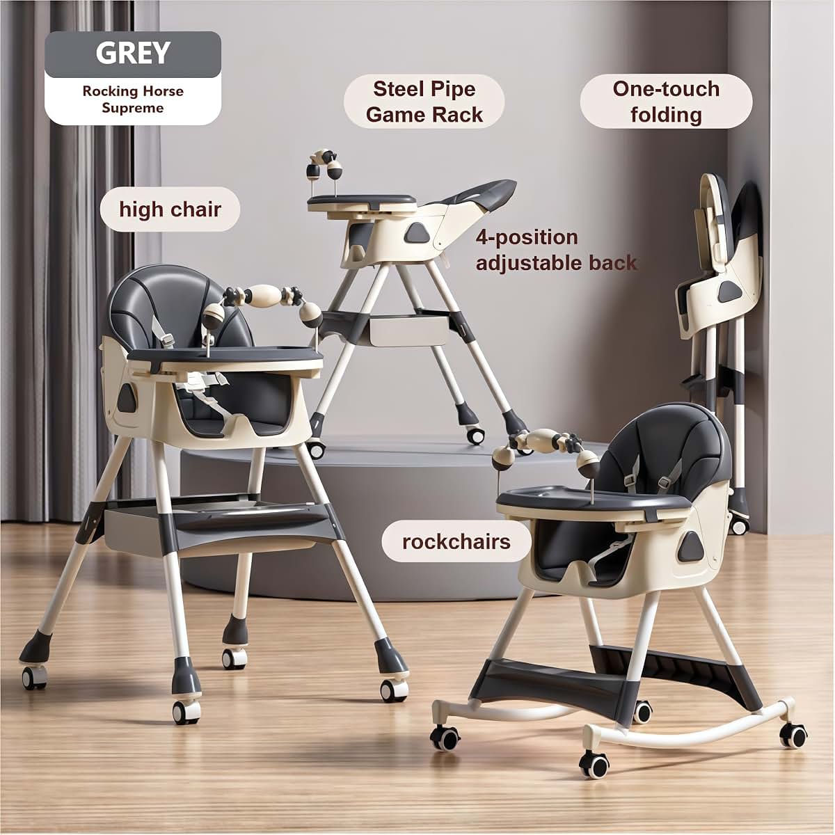 Reenborn PU Leather Baby High Chairs with Rocking Mode, Foldable Multi-Functional Baby Eating Chair with Adjustable (photo 2)
