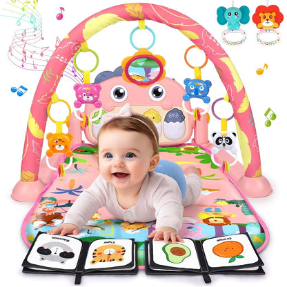 UMIKU Baby Play Mat Tummy Time Mat with Piano Music & Light, Pink Dinosaur Theme, 3-12 Months