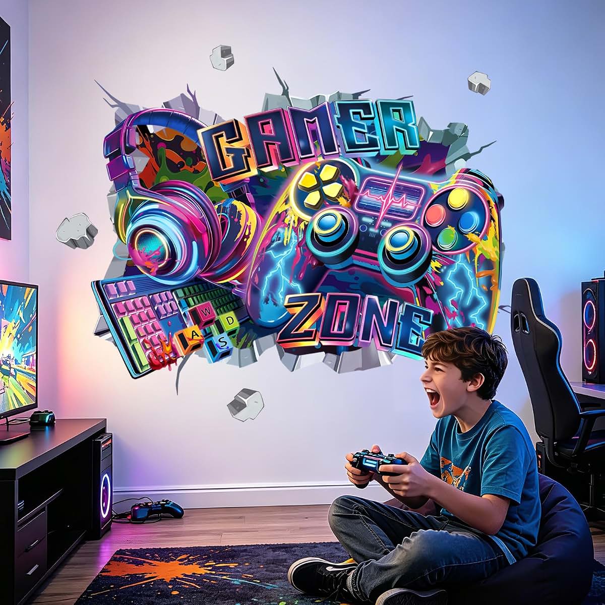 wondever 3D Game Controller Wall Decals Gamer Zone Gaming Wall Stickers (photo 3)
