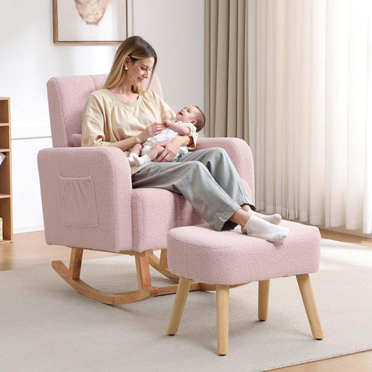HCHAIRH Rocking Nursing Chair with Ottoman, Upholstered Glider Rocker Armchair with Side Pocket and High Backrest