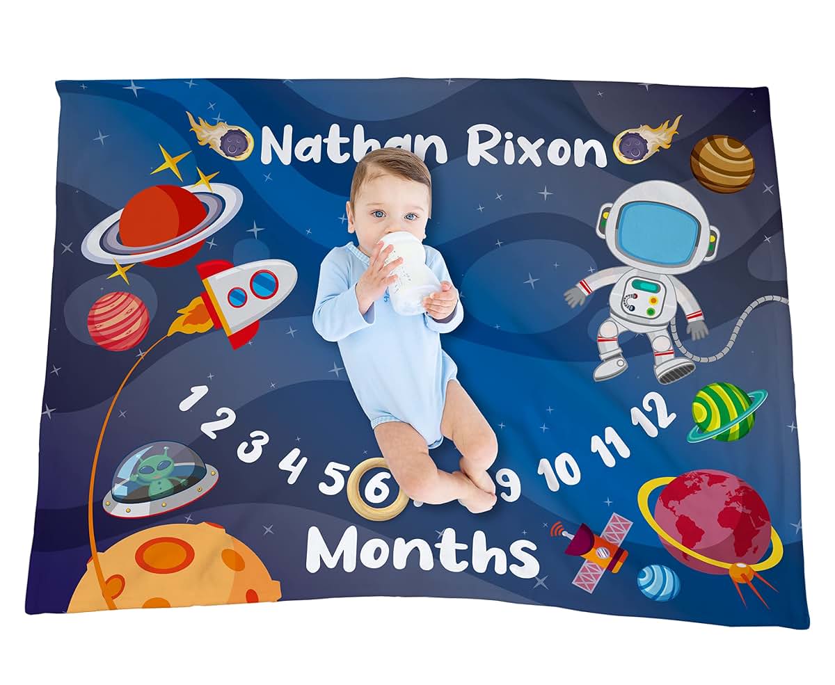 TEEAMORE Custom Baby Monthly Milestone Throw Blanket Space Elements Design (60X80) (photo 2)