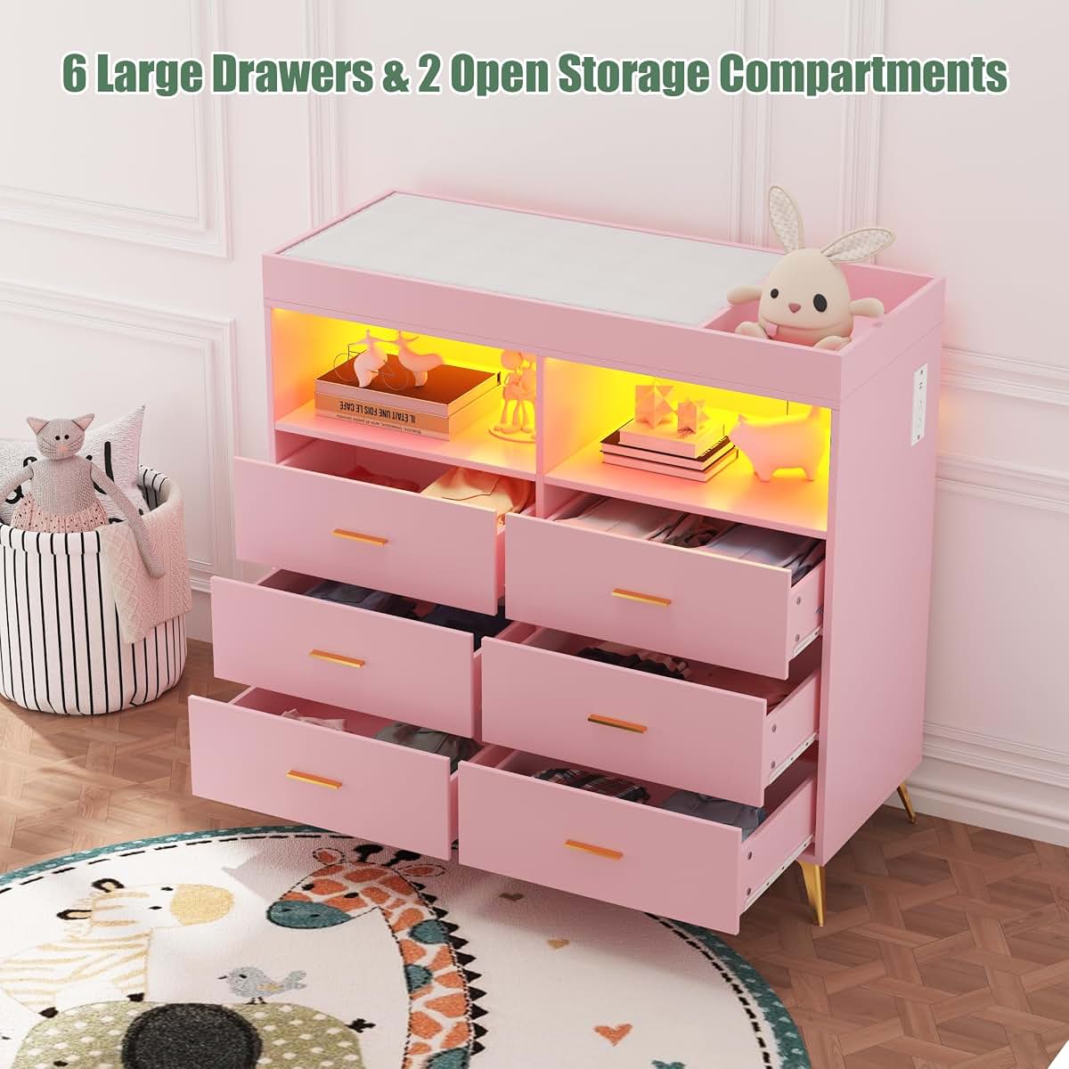 Jojoka 6 Drawers Wooden Changing Table Dresser with Soft Night Light (photo 4)
