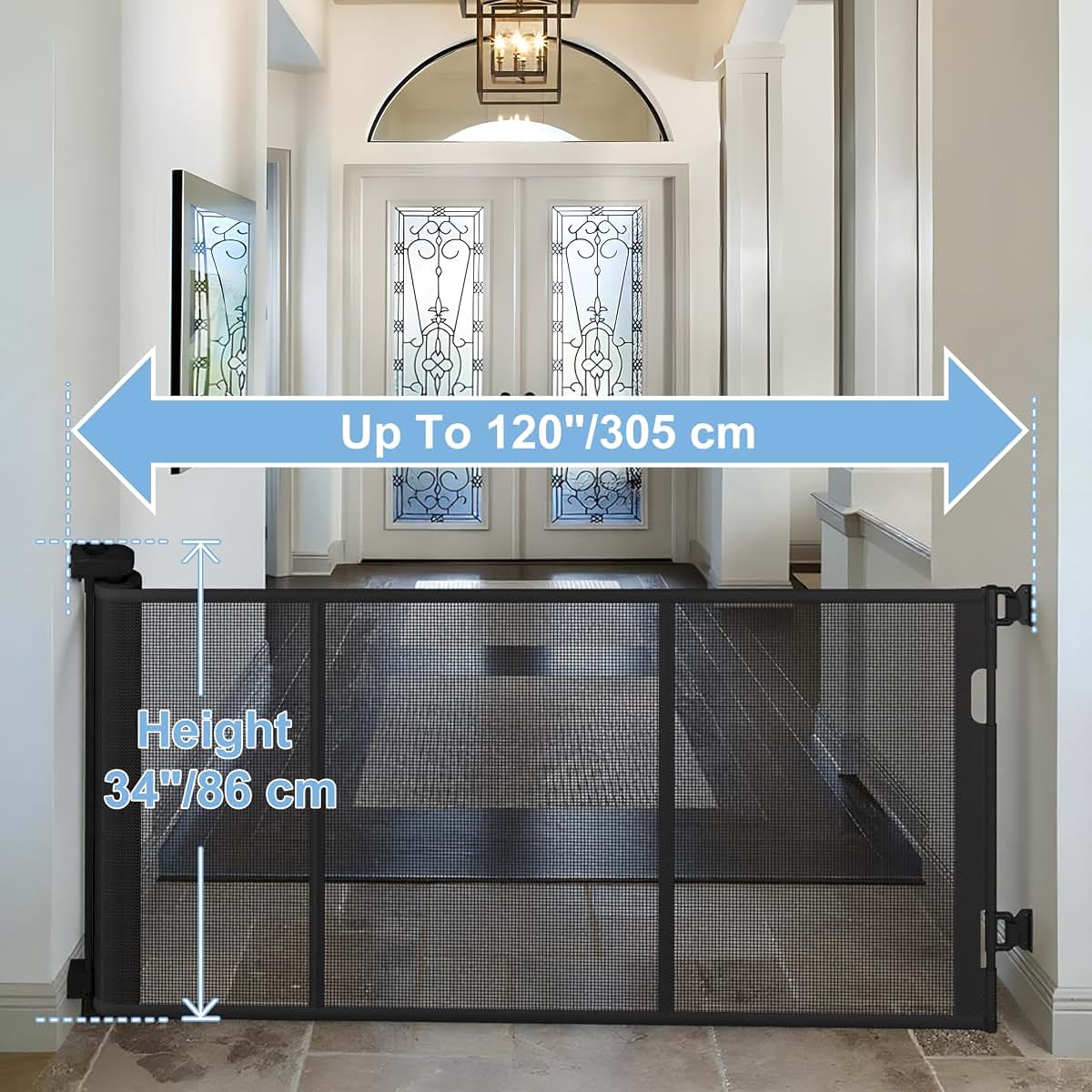 Colbabe 120 Inch Extra Wide Retractable Baby Gate, 34 Inch Tall Mesh Safety Barrier for Hallways and Stairs, Black