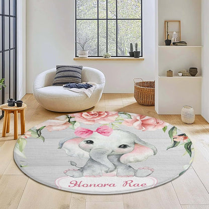 Joyestore Personalized Pink Girl Elephant Flower Custom Round Area Rug Baby Crawling Floor Mats Gifts for Boys Girls