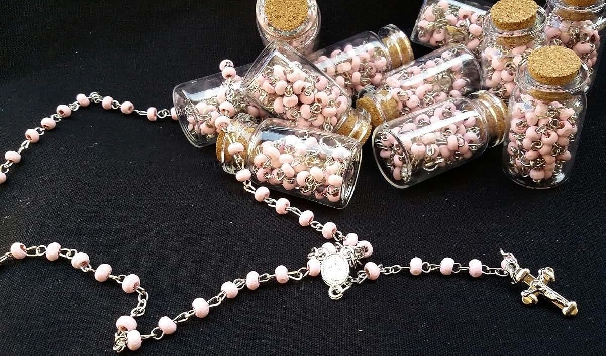 YRP 12 X Rosary Bottle Baptism Communion Favors - Pink/Silver