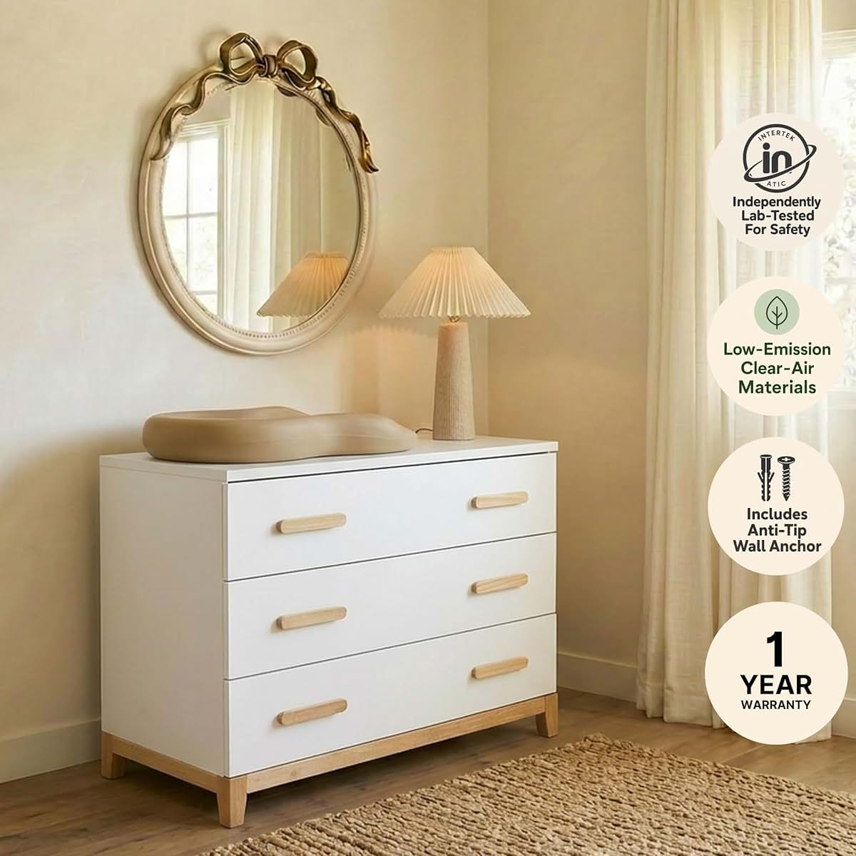 dadada LaLa 3-Drawer Compact Nursery Dresser, Deep Drawers, White/Natural