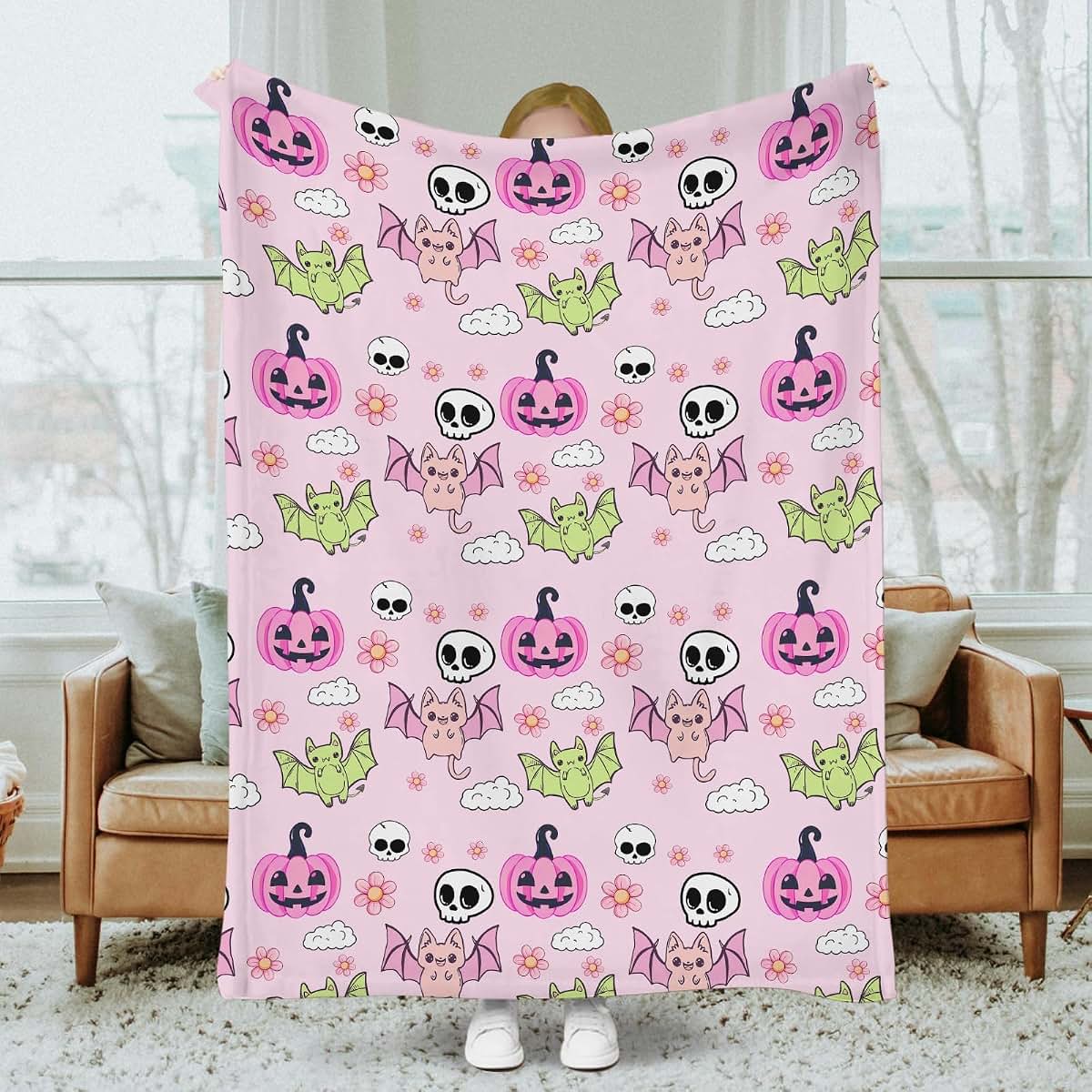 SqtmuHLuo Pink Halloween Baby Blanket Boy Girl Gift Neutral Cartoon Bat Cute Pumpkin Skull Soft Flannel Fleece Nursery (photo 4)
