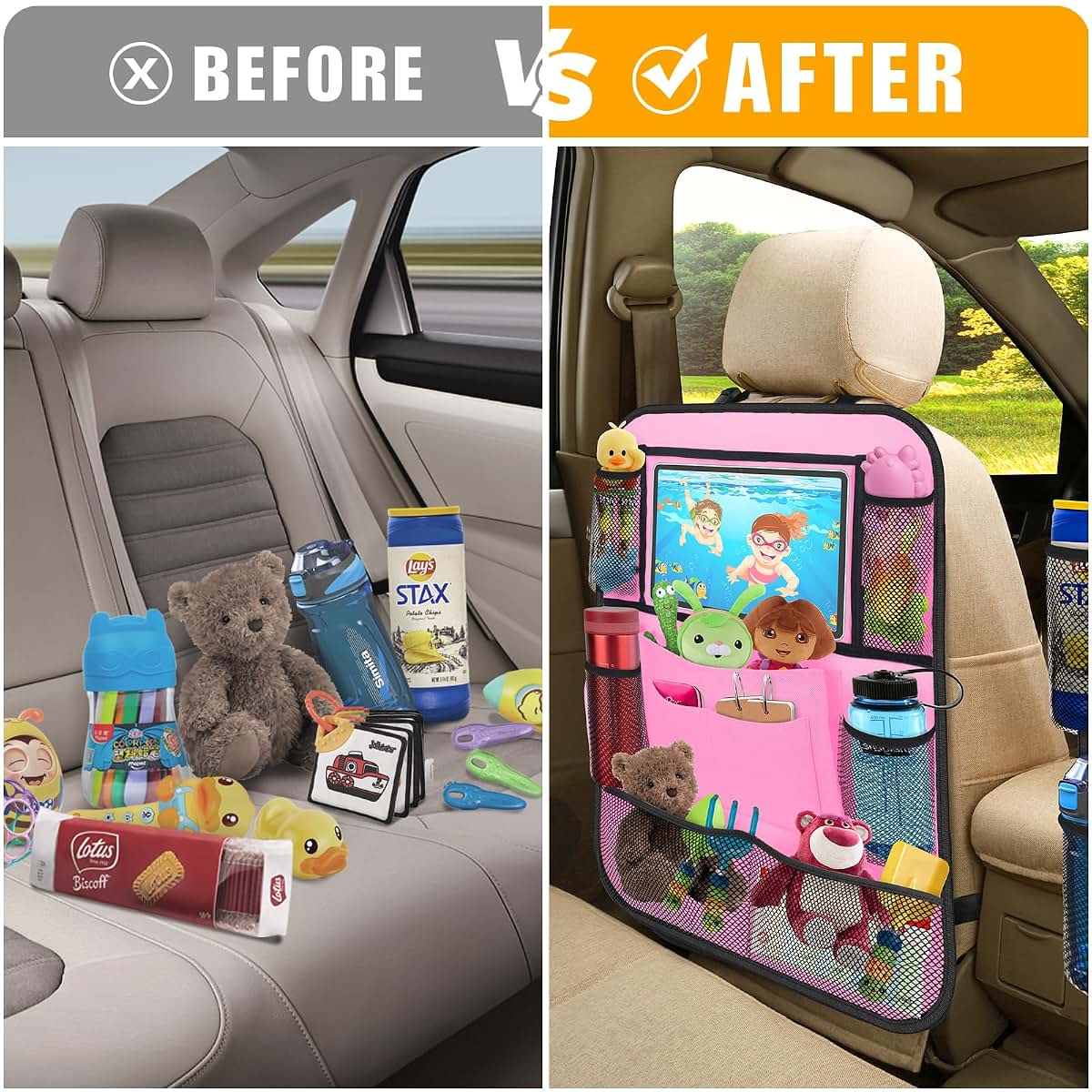 ULEEKA Backseat Car Organizer w/ 10 Storage Pockets, 11" Tablet Holder, 2 PCS Pink (photo 3)