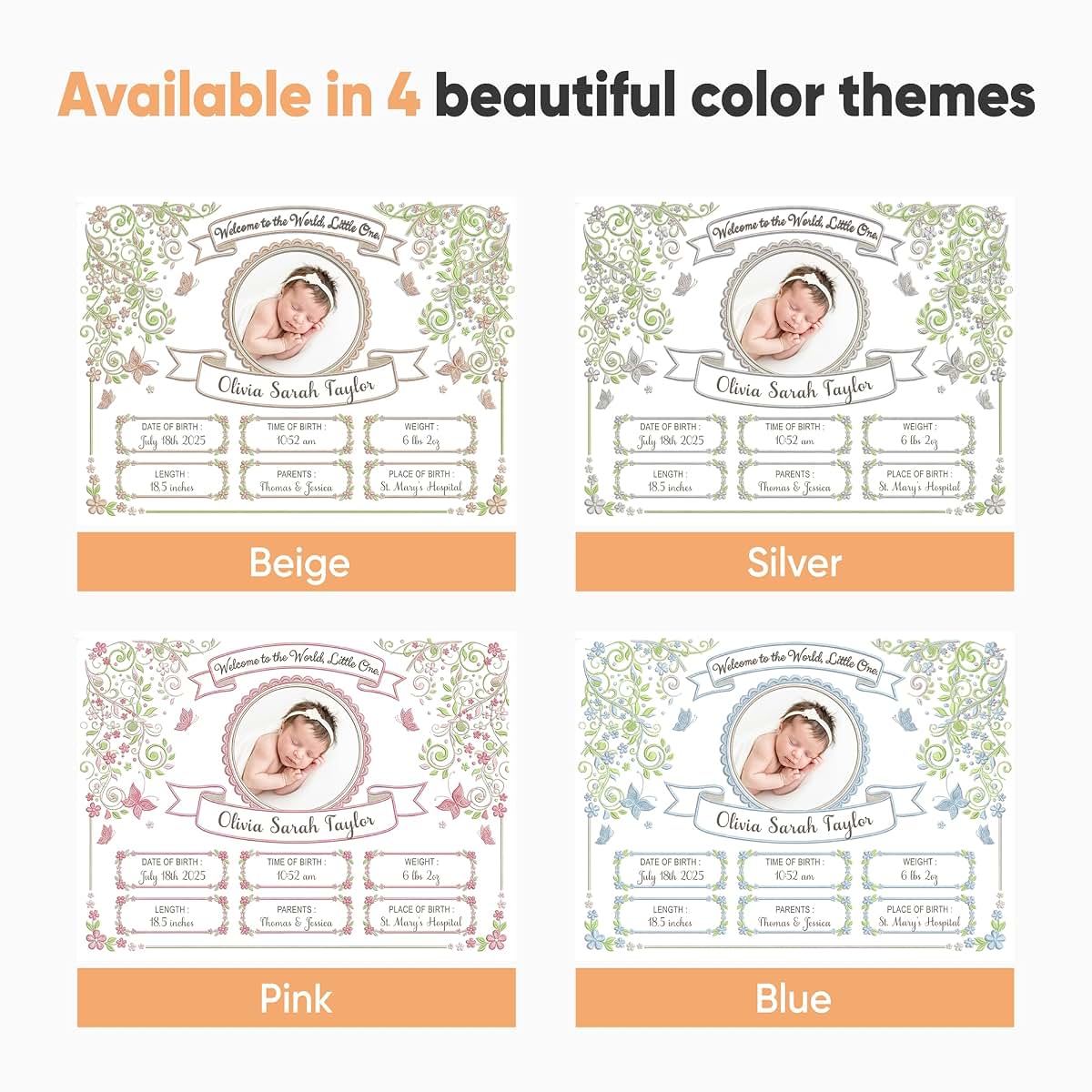 Shape28 Personalized Birth Certificate Canvas with Custom Name, Photo and Birth Stats, 3 Color Themes, Nursery Wall Art