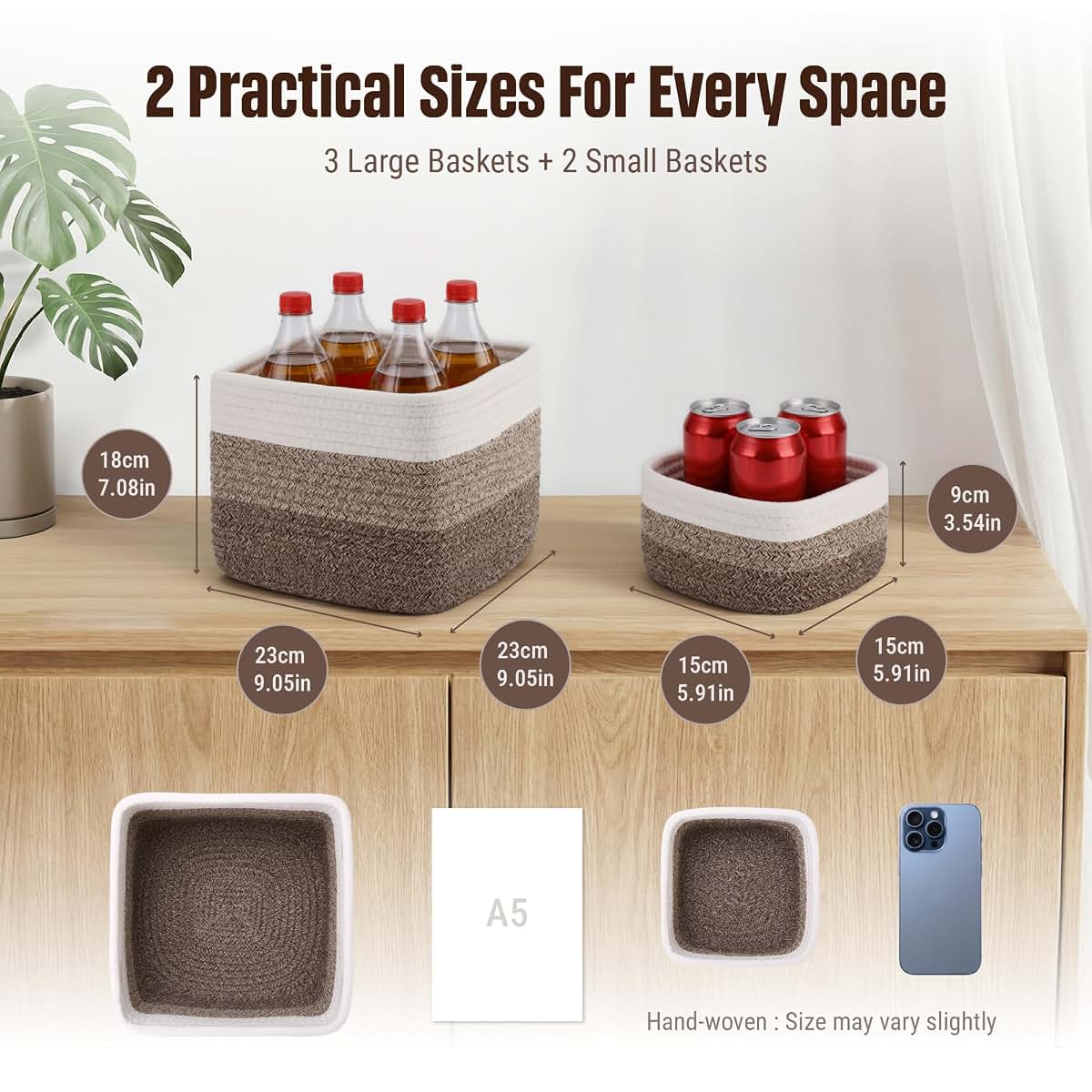 VIRETH HAUS 5-Pack Storage Cubes Woven Rope Baskets, 2 Sizes Organizer Bins (photo 2)