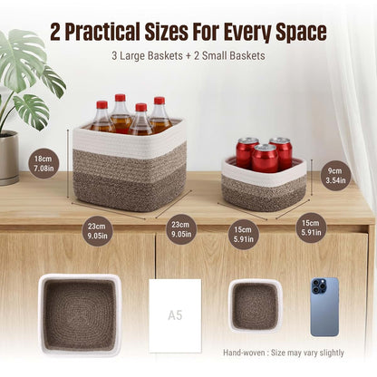 VIRETH HAUS 5-Pack Storage Cubes Woven Rope Baskets, 2 Sizes Organizer Bins (photo 2)