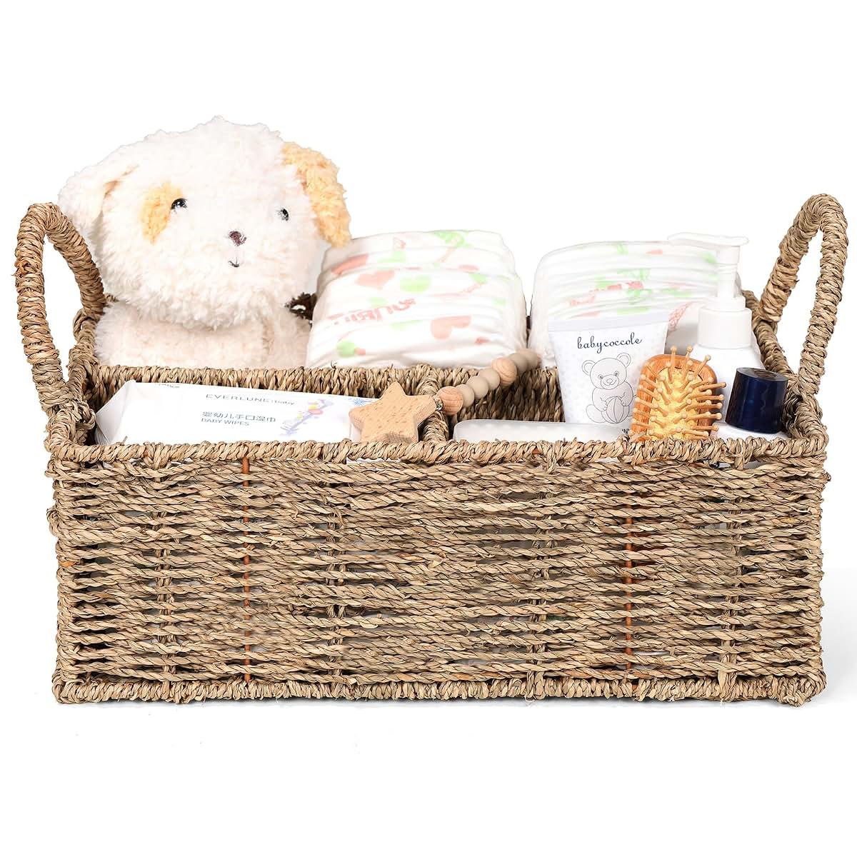 Klippehop Diaper Caddy Organizer, Handwoven Rattan Storage Basket with 3 Compartments, Natural Beige, Large