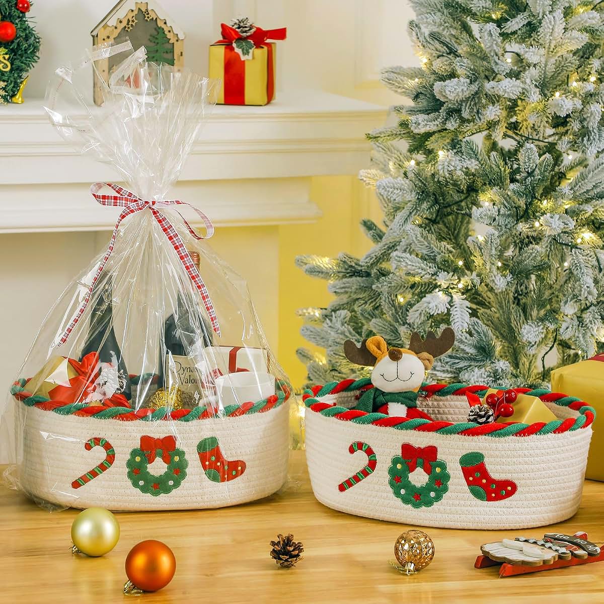 BabyOneStop Cotton Rope Gift Basket with Wrapping Set, Hidden Handles, 14x10x5