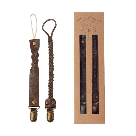Little Bug Boutique LLC Little Bug Boutique 2-Pack Leather Baby Pacifier Clips - Neutral Pacifier Holders for Baby