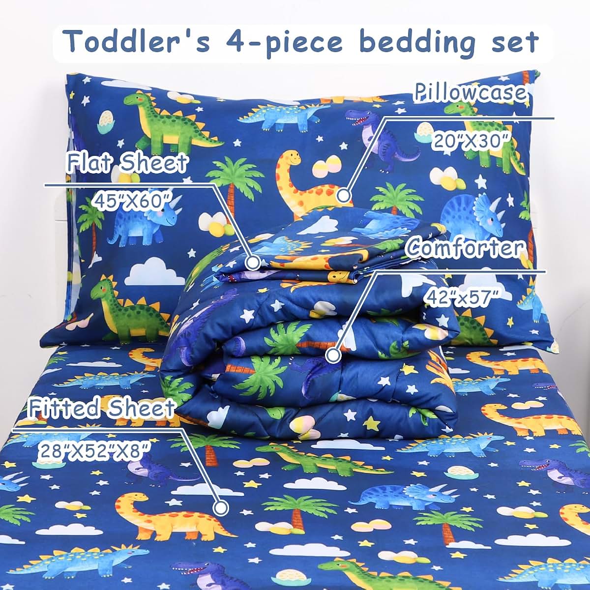 Hooyax Toddler Bedding Set for Boys - 4 Piece Dinosaur Comforter
