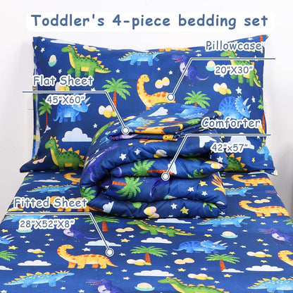 Hooyax Toddler Bedding Set for Boys - 4 Piece Dinosaur Comforter